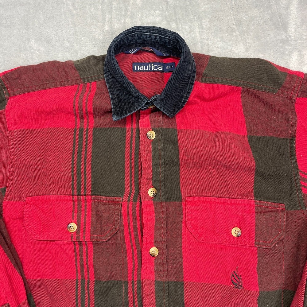 Vtg Nautica Flannel Shirt Mens Small Red Green Plaid Corduroy Collar Button-Up - Picture 6 of 6